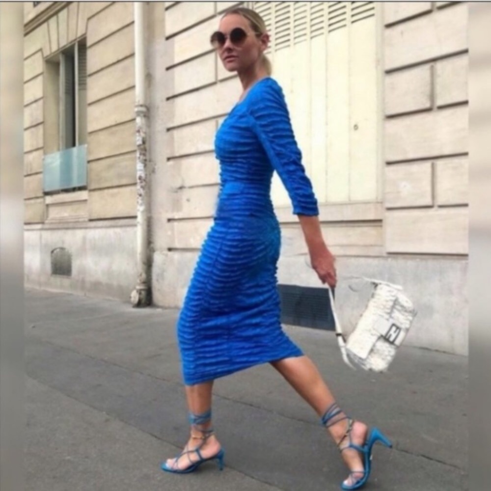 Zara Bright Blue Ruched Midi Dress